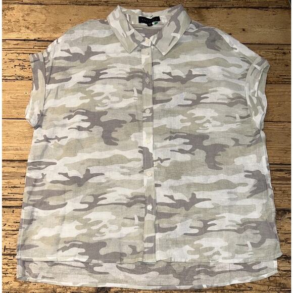 Sanctuary Women’s Size S Camo Linen Short Sleeve Button Up Shirt NWOT - Picture 1 of 5